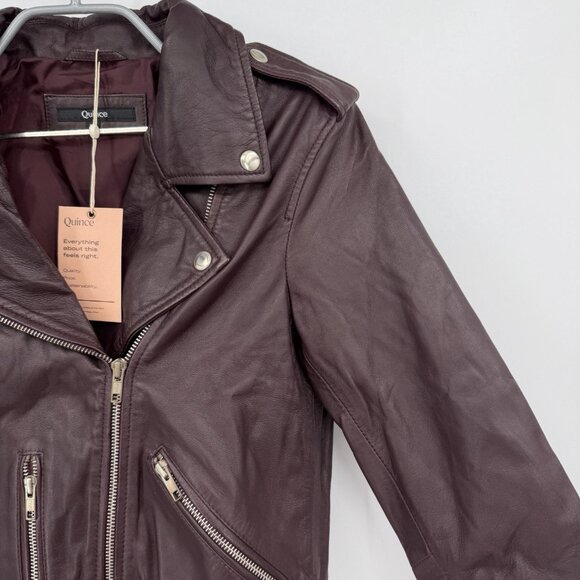Quince Women's Port Leather Motorcycle Jacket sz M Medium Sheep Leather Belted - Picture 4 of 10